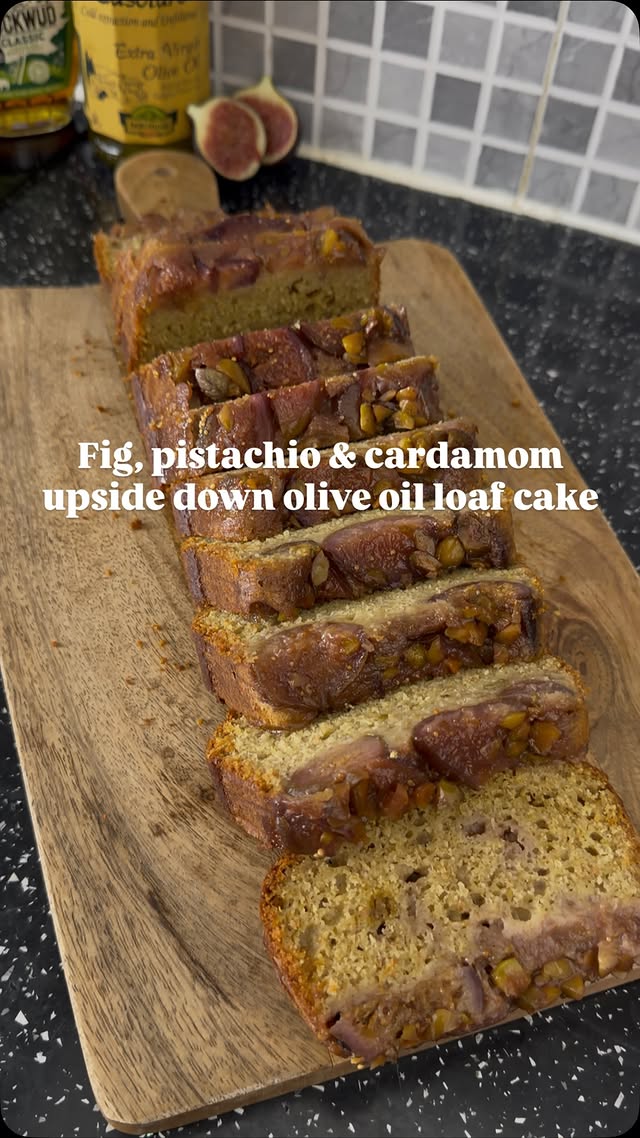 May’s fig, pistachio and cardamom upside-down olive oil loaf cake