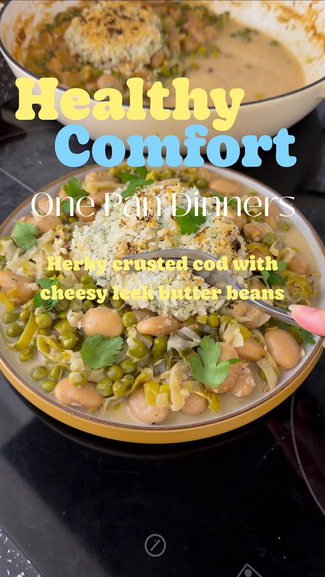 May’s one-pan herby crusted cod with cheesy leek butter beans