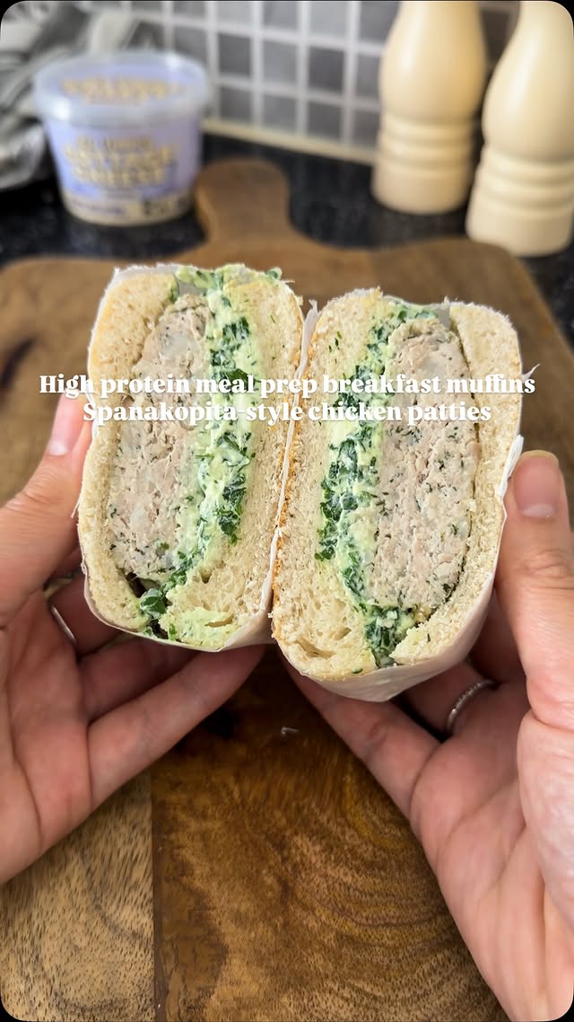 May’s spanakopita-style chicken breakfast muffin, cut open